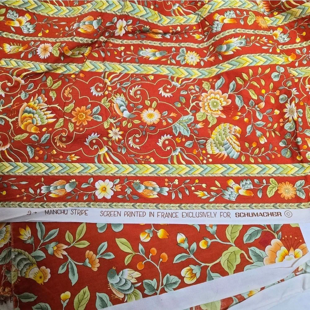 SCHUMACHER screen printed red floral Manchu‎ heavy fabric two pieces lot 3 yards